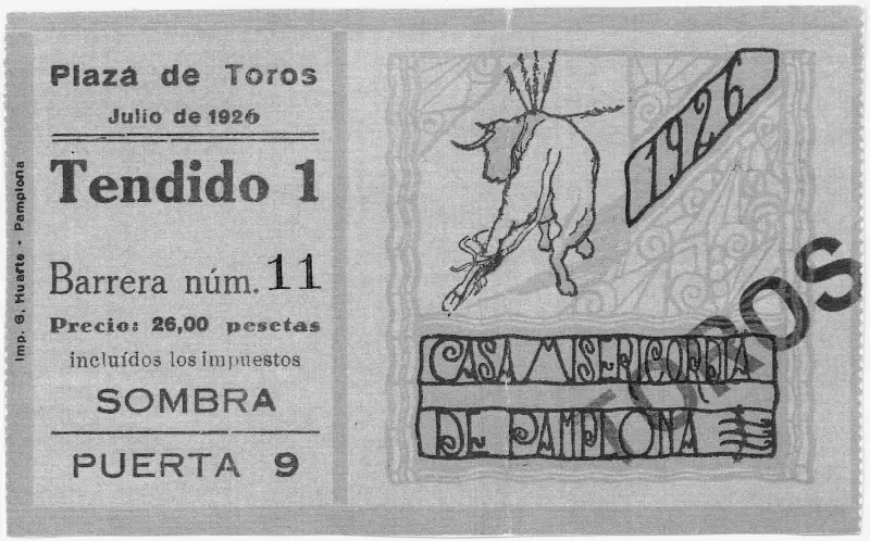 Ticket stub from a Pamplona bullfight attended by Ernest Hemingway, July 1926.