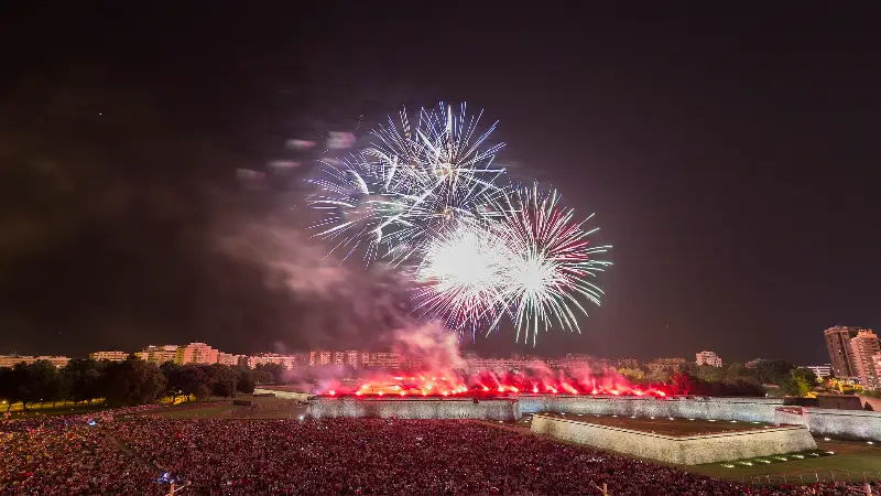Pink and white bursts over the city, July 9, 2018.