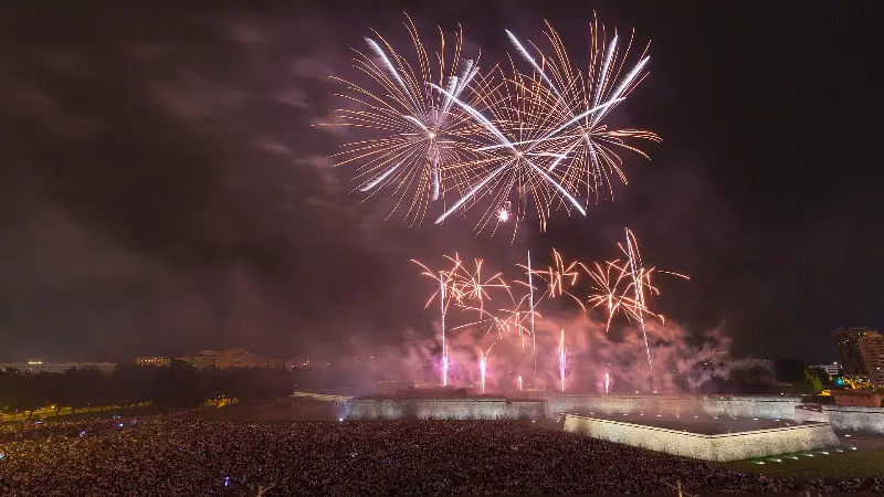 Pink and gold bursts over the launch site, July 8, 2018.